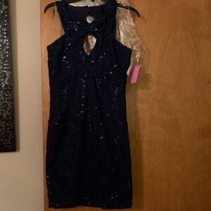 Elegant Navy Blue Sequin Prom Dress